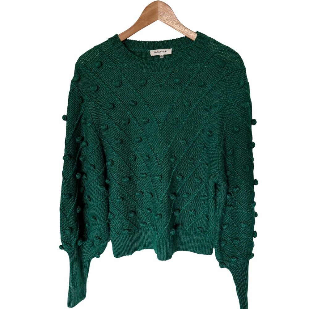 Sugar + Lip Sweater Women S Green Good Pom Pom Chevron Chunky Knit T9165ST